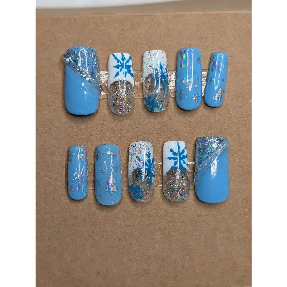 Handmade Winter Snowflake Frenchie Blue‎ White & Silver Glitter Press On Nails - Picture 2 of 3